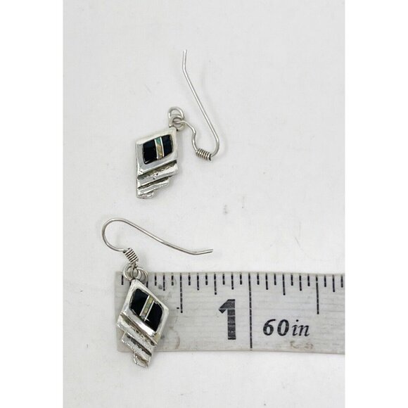 Ervin Hoskie Navajo Native American Sterling Silver Onyx & Opal Inlay Earrings - Picture 5 of 7